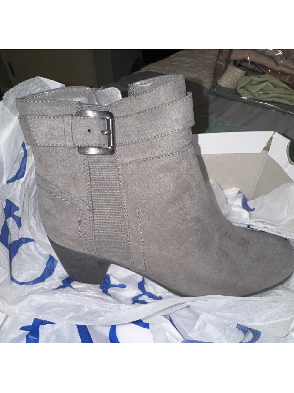 Suede Grey Ankle Bootie with Buckle Accent